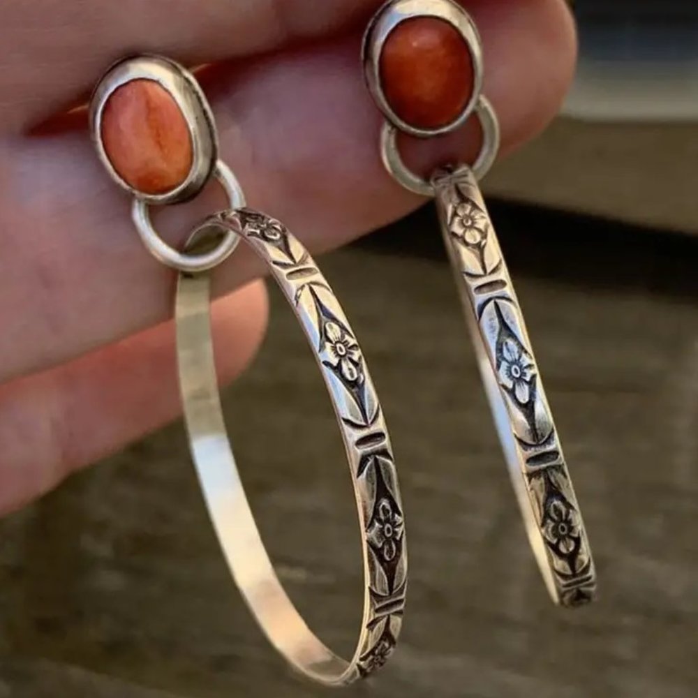 Vintage Boho Earrings Carved Flower Metal Red Silver - NEW